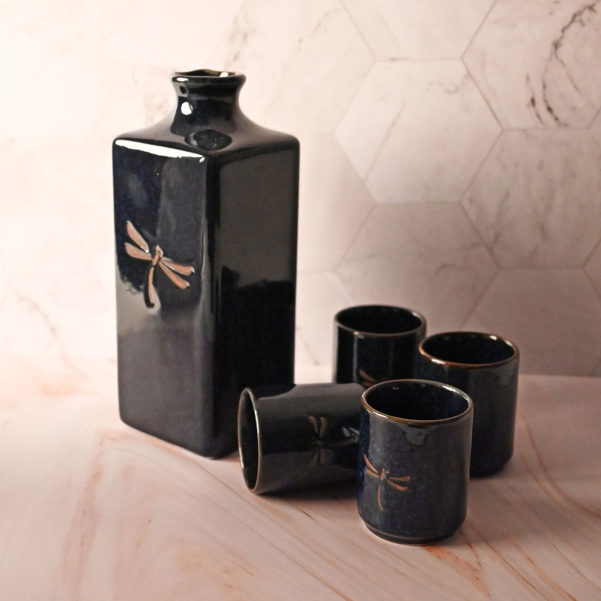 14 oz Japanese 5 - Piece Sake Gift Set with 1 Bottle & 4 Cups - Dragonfly