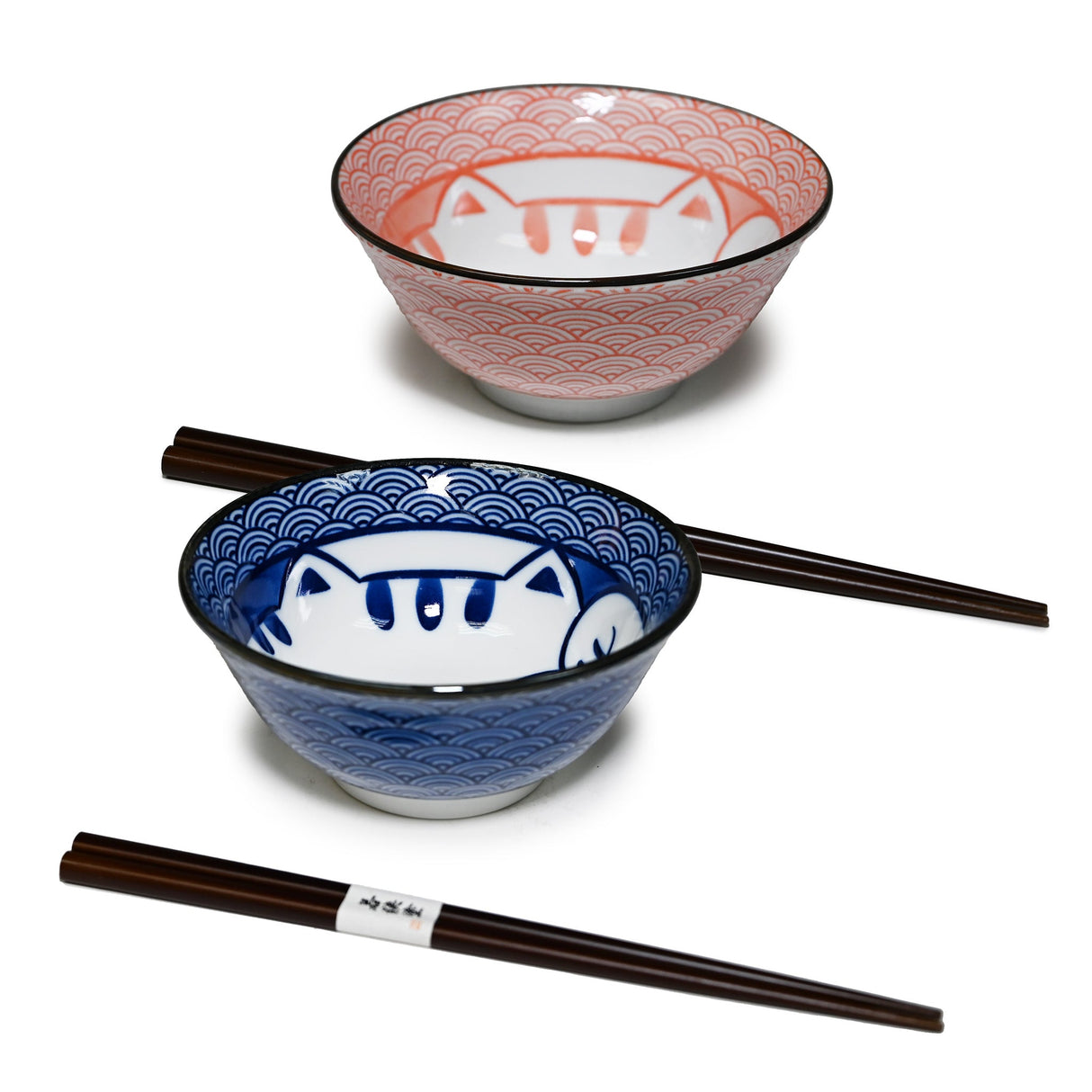 20 oz 5.75" Japanese 2 - Piece Ceramic Bowl Gift Set with Chopsticks - Pink & Blue Cats