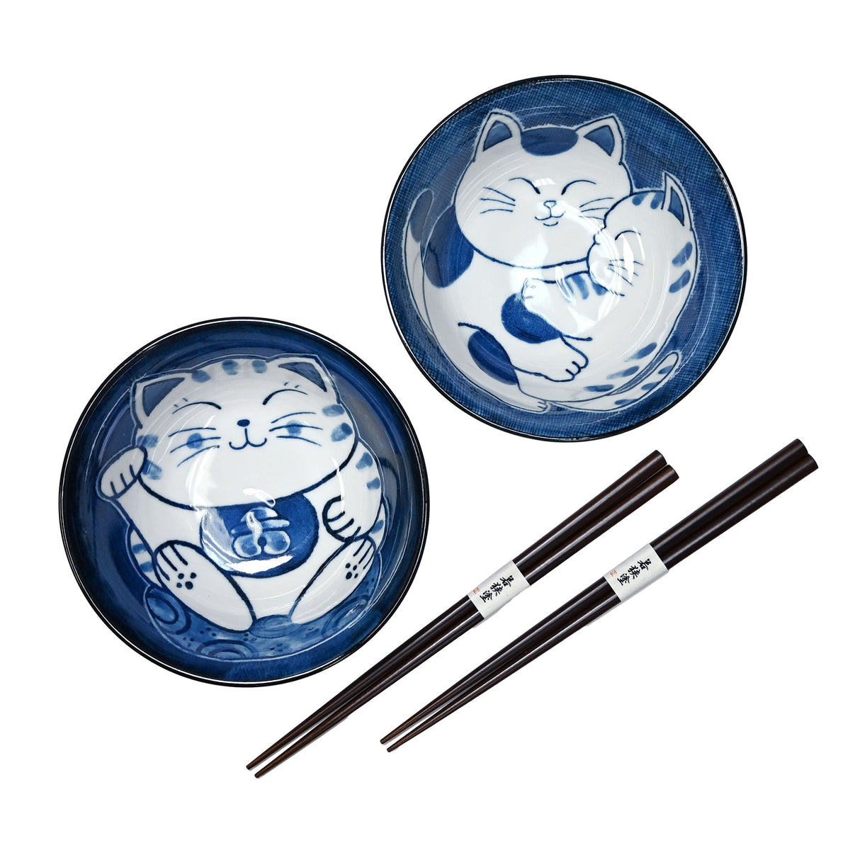 20 oz 5.75" Japanese 2 - Piece Bowl Gift Set with Chopsticks - Blue Cats