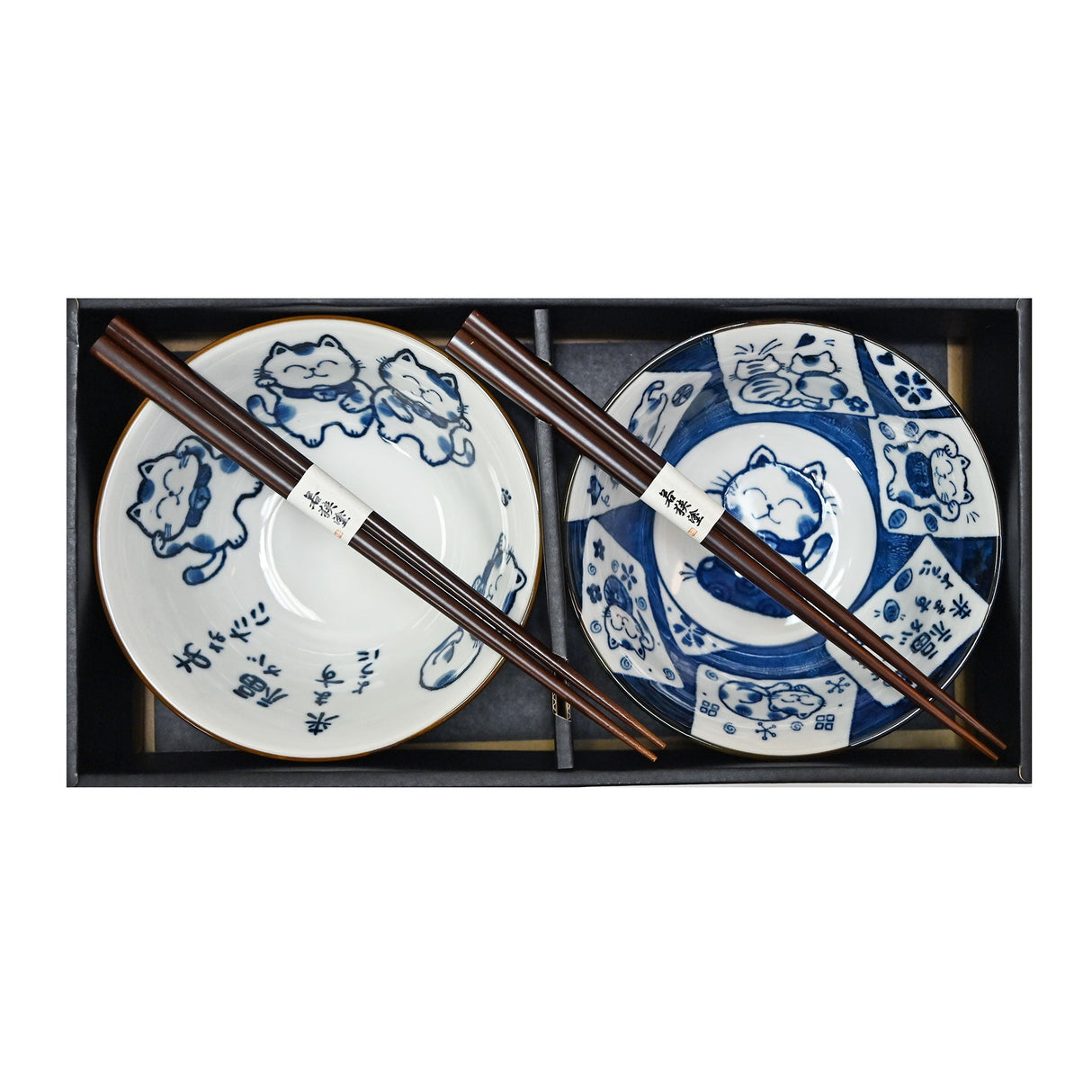 20 oz 5.75" Japanese 2 - Piece Ceramic Bowl Gift Set with Chopsticks - Blue Joy Cats