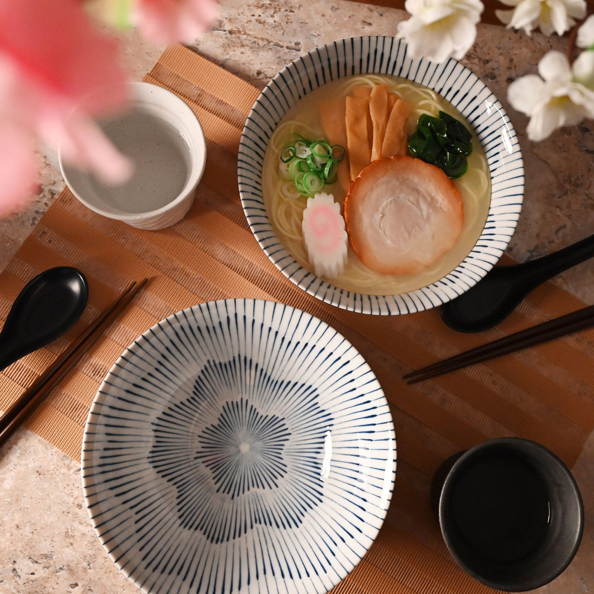 36 oz 7.75" Japanese 2 - Piece Blue Sakura Bowl Set with Chopsticks & Spoons