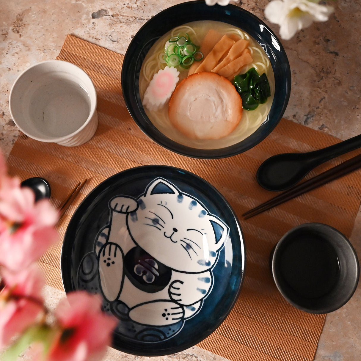 36 oz 7.75" Japanese 2 - Piece Happy Cat Bowl Set with Chopsticks & Spoons