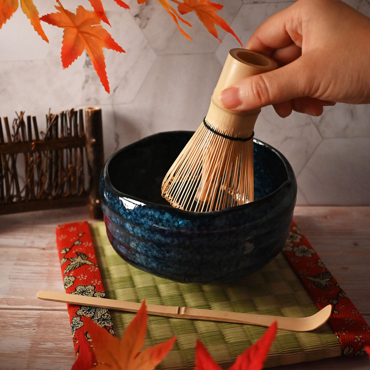 20 oz 5" Japanese 3 - Piece Matcha Bowl Gift Set with Bamboo Whisk & Scoop - Diamond Blue