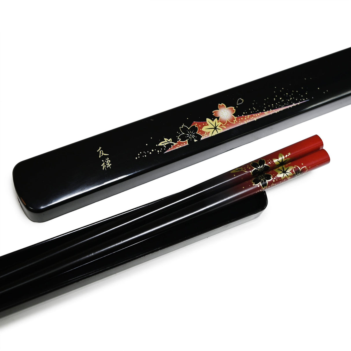 9" Japanese Lacquered Bamboo Chopsticks with Case - Red Flower