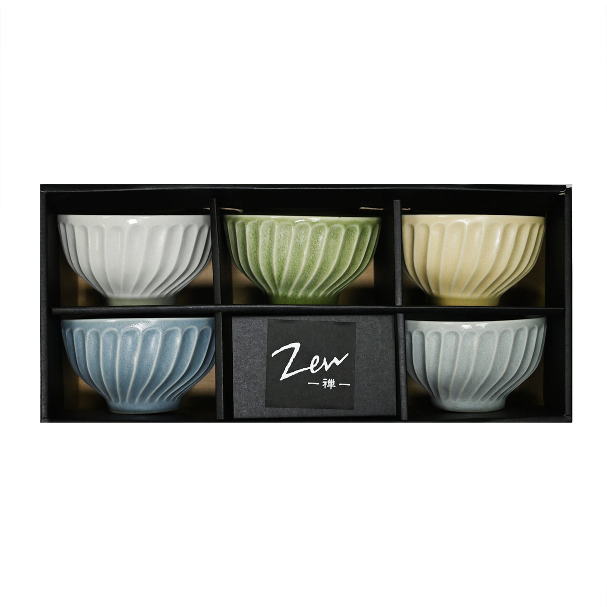 12 oz 4.5" Japanese 5 - Piece Rice Bowl Gift Set - Fluted Matte Colors