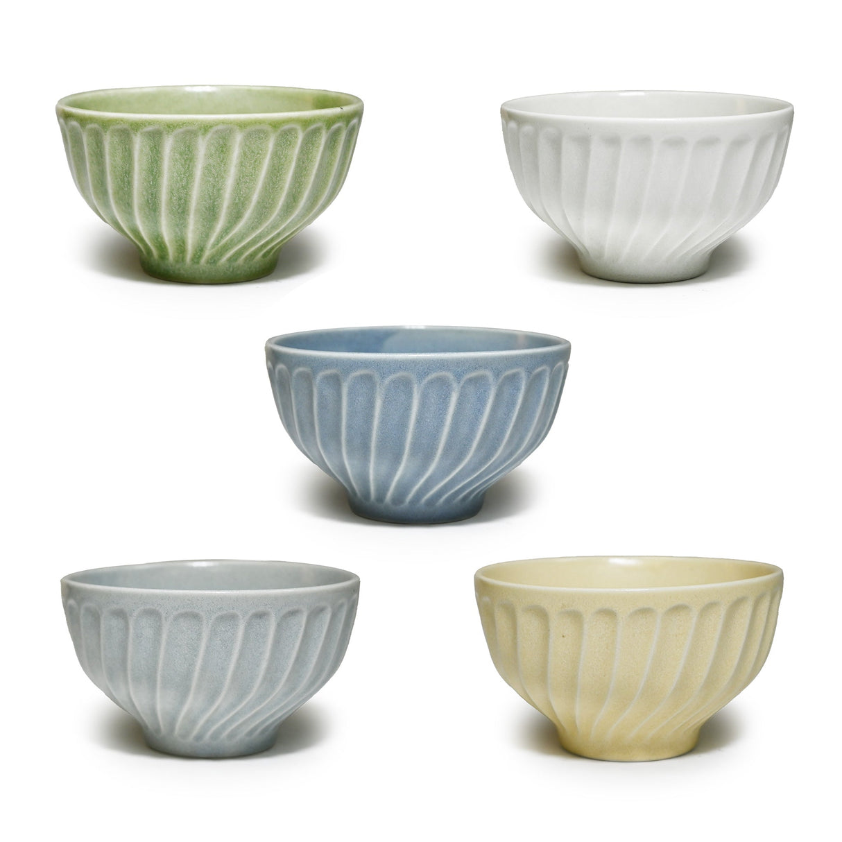 12 oz 4.5" Japanese 5 - Piece Rice Bowl Gift Set - Fluted Matte Colors