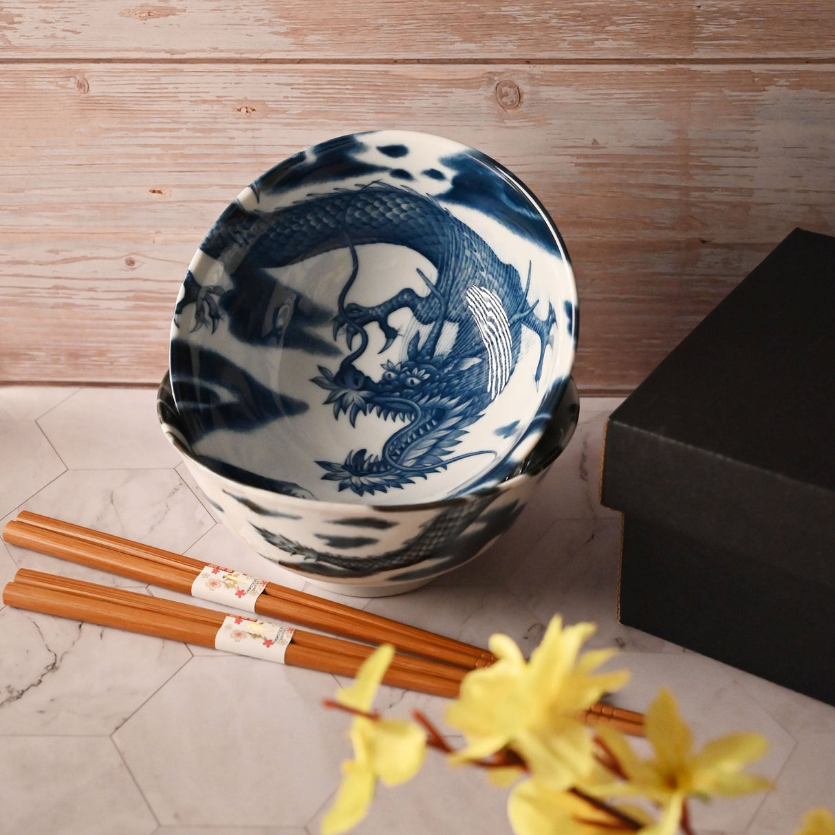 18 oz 5.75" Japanese 2 - Piece Bowl Gift Set with Chopsticks - Dragon