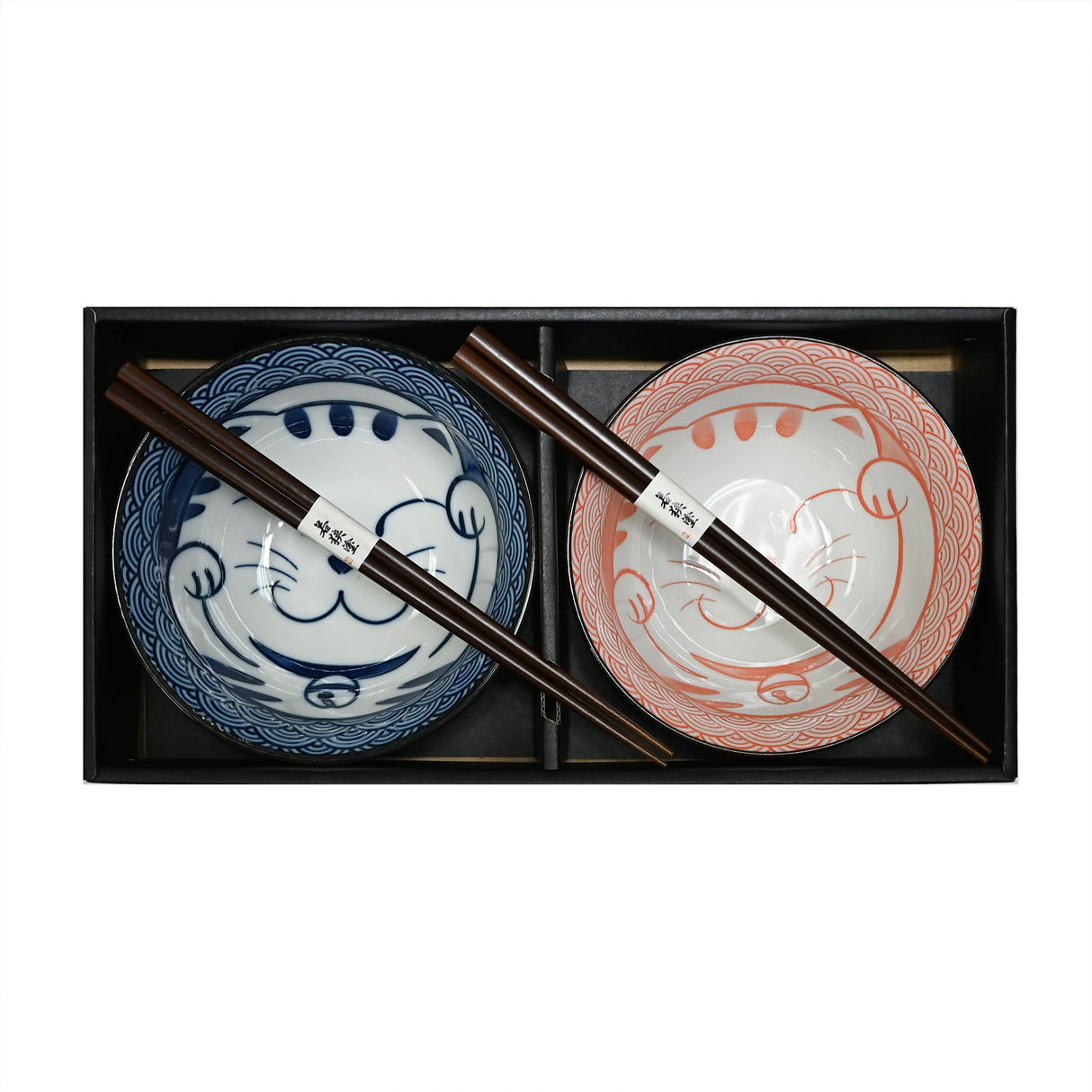 20 oz 5.75" Japanese 2 - Piece Ceramic Bowl Gift Set with Chopsticks - Pink & Blue Cats