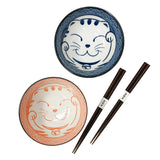 20 oz 5.75" Japanese 2 - Piece Ceramic Bowl Gift Set with Chopsticks - Pink & Blue Cats