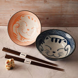 20 oz 5.75" Japanese 2 - Piece Ceramic Bowl Gift Set with Chopsticks - Pink & Blue Cats