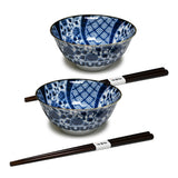 18 oz 6" Japanese 2 - Piece Bowl Gift Set with Chopsticks - Blue Kiku