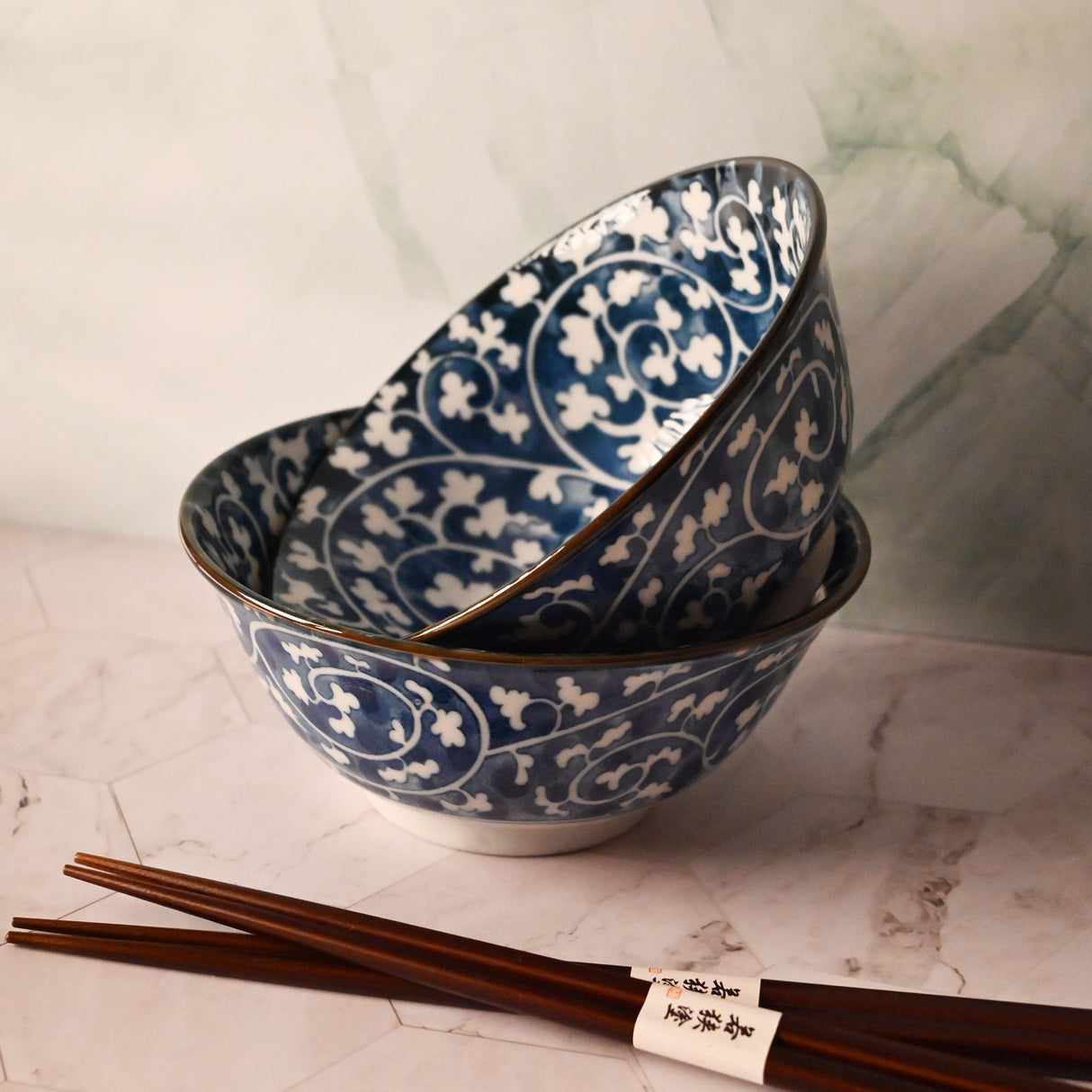 18 oz 6" Japanese 2 - Piece Bowl Gift Set with Chopsticks - Blue Flower