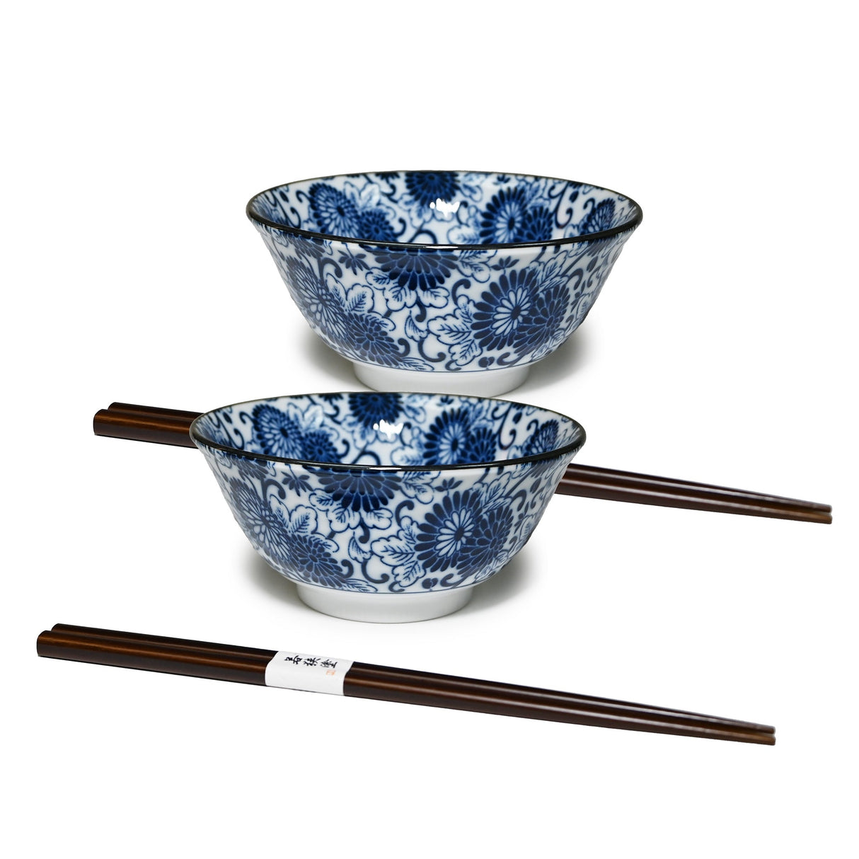 18 oz 6" Japanese 2 - Piece Bowl Gift Set with Chopsticks - Blue Kiku