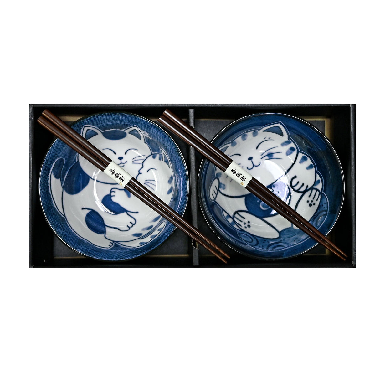 20 oz 5.75" Japanese 2 - Piece Bowl Gift Set with Chopsticks - Blue Cats