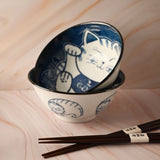 20 oz 5.75" Japanese 2 - Piece Bowl Gift Set with Chopsticks - Blue Cats