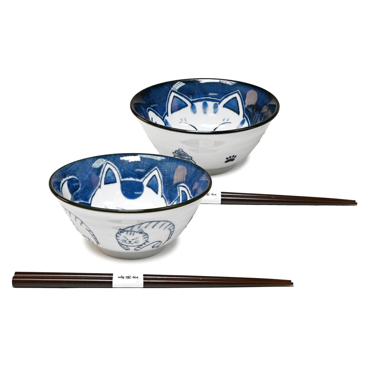 20 oz 5.75" Japanese 2 - Piece Bowl Gift Set with Chopsticks - Blue Cats