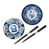 20 oz 5.75" Japanese 2 - Piece Ceramic Bowl Gift Set with Chopsticks - Blue Happy Cats