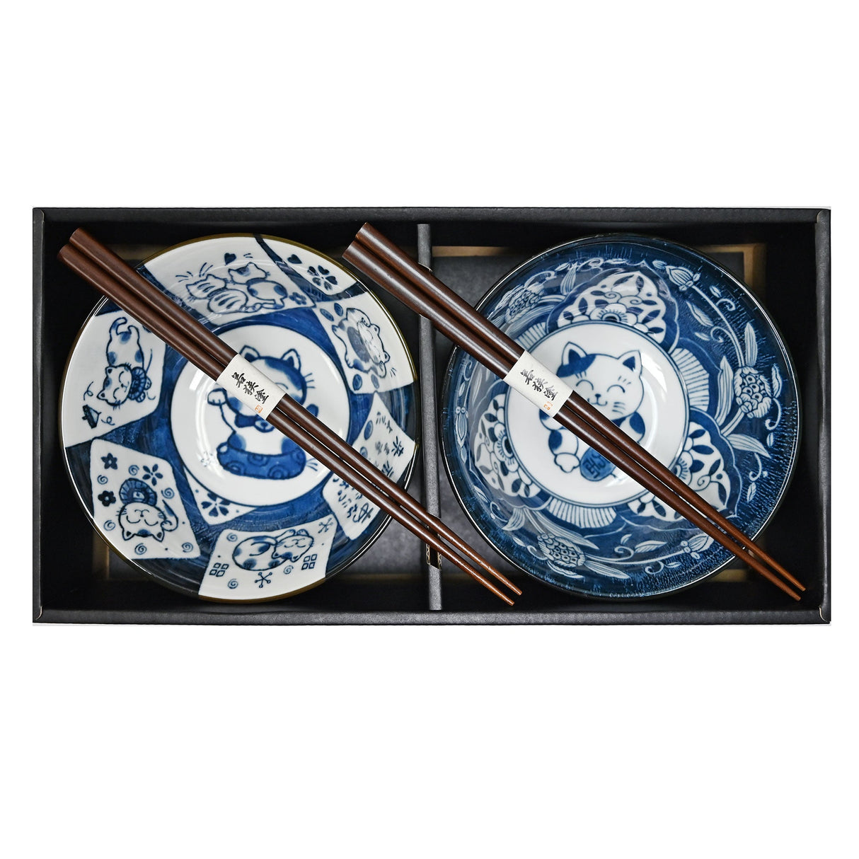 20 oz 5.75" Japanese 2 - Piece Ceramic Bowl Gift Set with Chopsticks - Blue Happy Cats