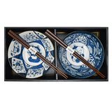 20 oz 5.75" Japanese 2 - Piece Ceramic Bowl Gift Set with Chopsticks - Blue Happy Cats