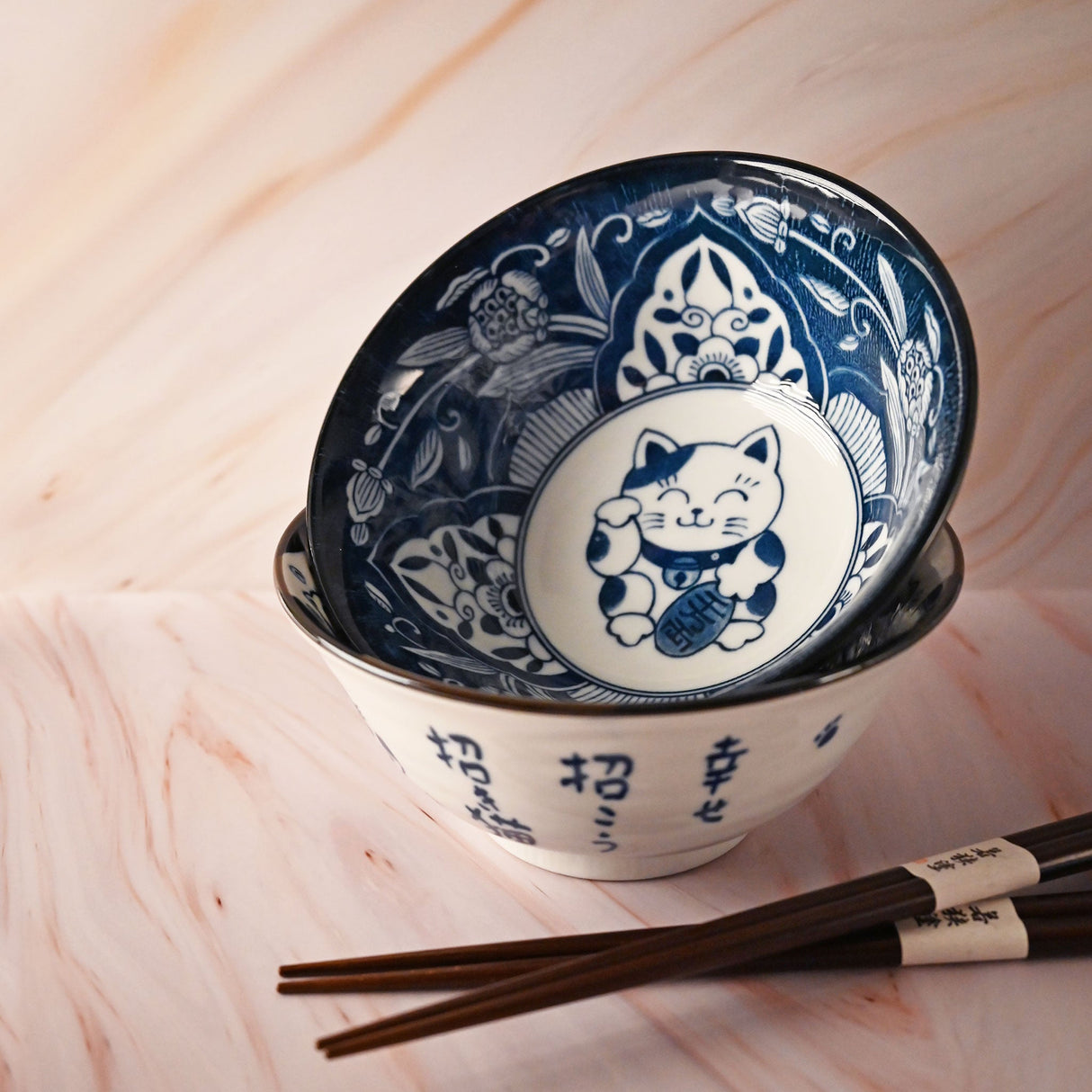 20 oz 5.75" Japanese 2 - Piece Ceramic Bowl Gift Set with Chopsticks - Blue Happy Cats