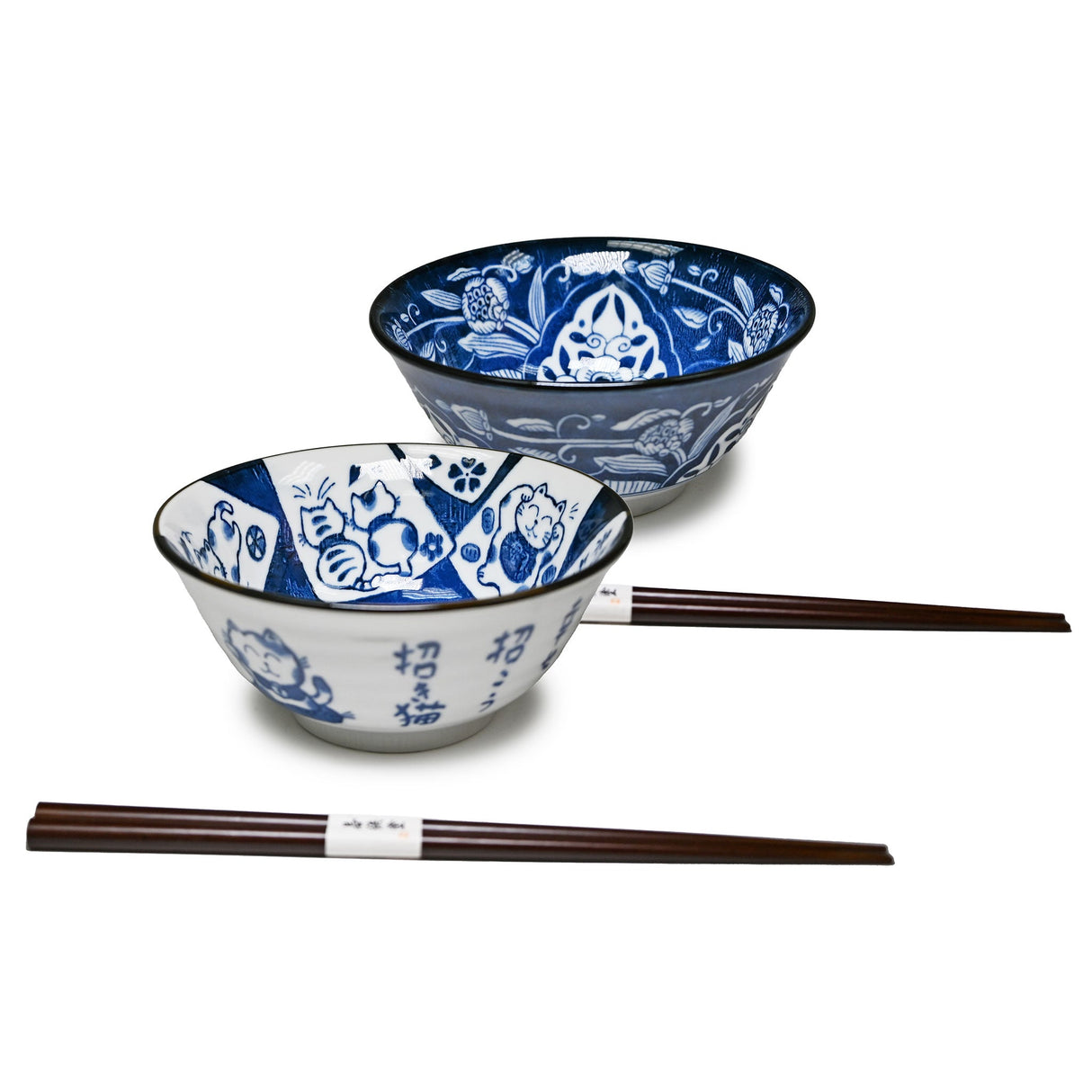 20 oz 5.75" Japanese 2 - Piece Ceramic Bowl Gift Set with Chopsticks - Blue Happy Cats