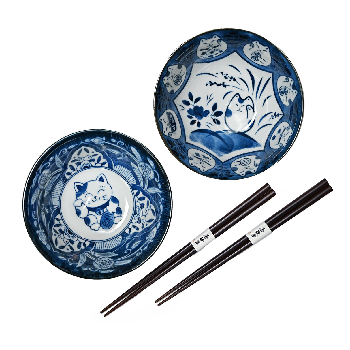 20 oz 5.75" Japanese 2 - Piece Ceramic Bowl Gift Set with Chopsticks - Blue Lucky Cats
