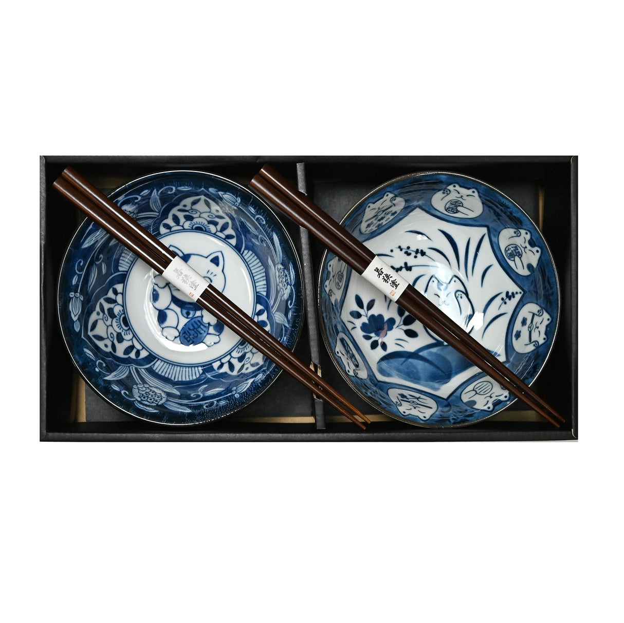 20 oz 5.75" Japanese 2 - Piece Ceramic Bowl Gift Set with Chopsticks - Blue Lucky Cats