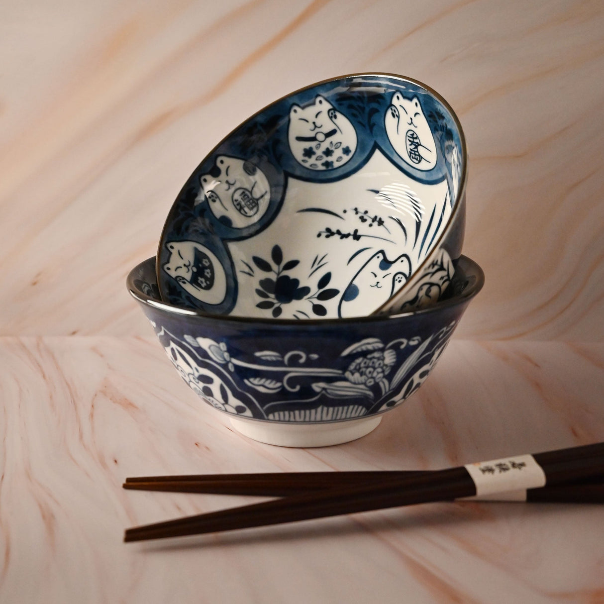 20 oz 5.75" Japanese 2 - Piece Ceramic Bowl Gift Set with Chopsticks - Blue Lucky Cats