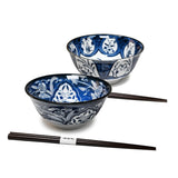 20 oz 5.75" Japanese 2 - Piece Ceramic Bowl Gift Set with Chopsticks - Blue Lucky Cats