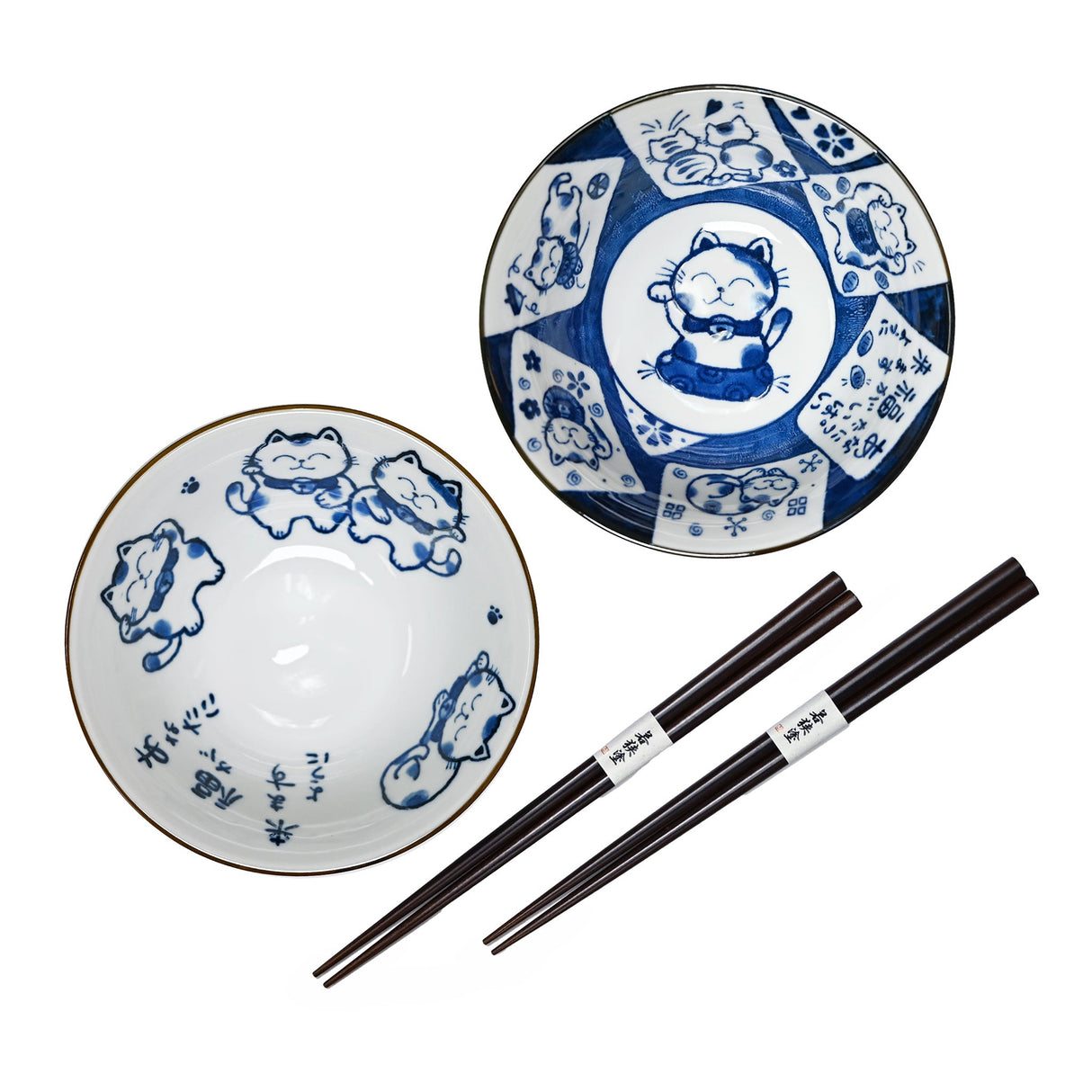 20 oz 5.75" Japanese 2 - Piece Ceramic Bowl Gift Set with Chopsticks - Blue Joy Cats