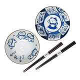 20 oz 5.75" Japanese 2 - Piece Ceramic Bowl Gift Set with Chopsticks - Blue Joy Cats