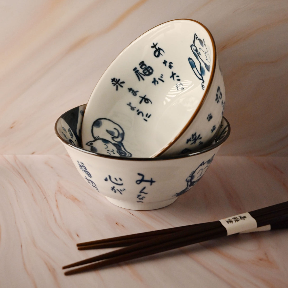 20 oz 5.75" Japanese 2 - Piece Ceramic Bowl Gift Set with Chopsticks - Blue Joy Cats