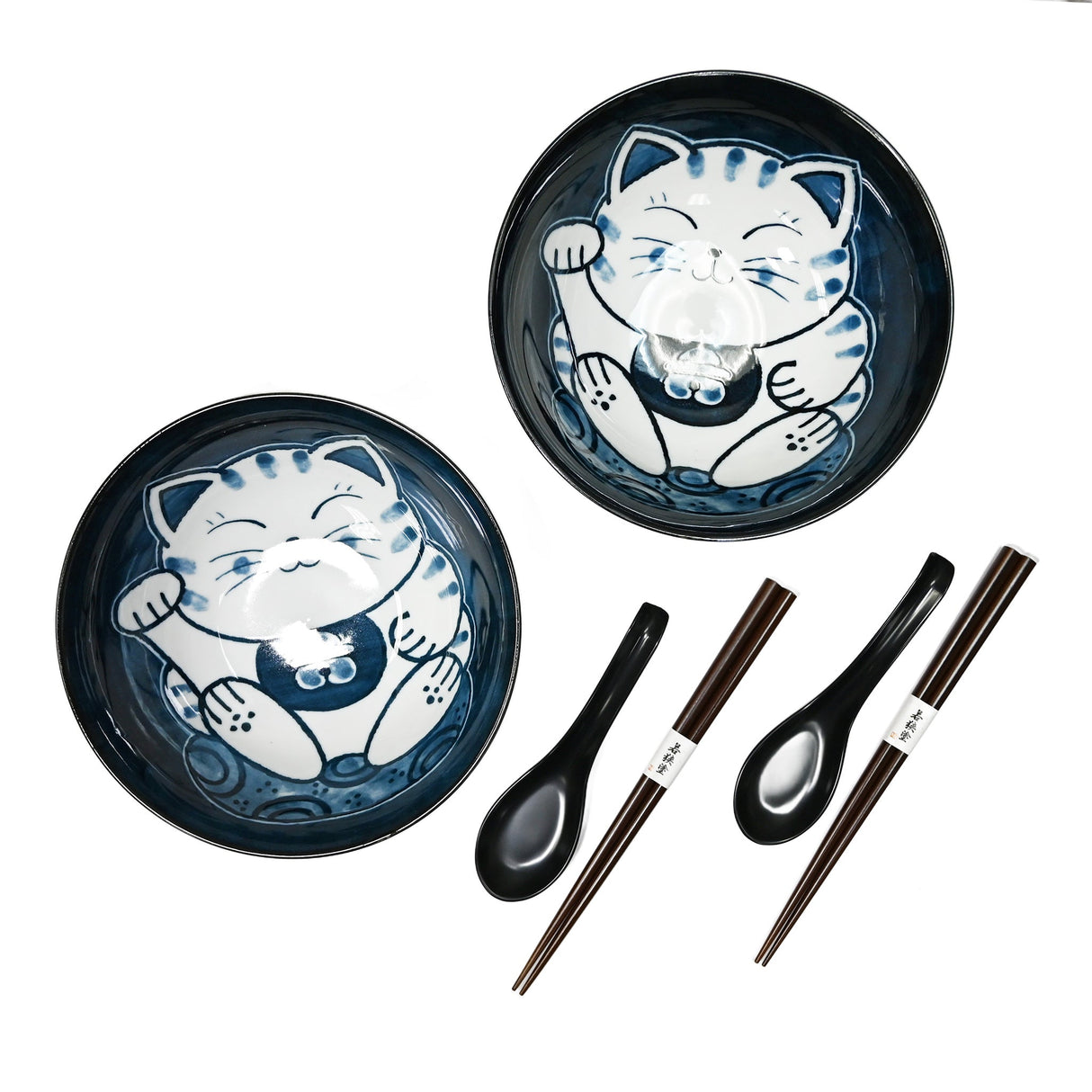 36 oz 7.75" Japanese 2 - Piece Happy Cat Bowl Set with Chopsticks & Spoons