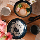 36 oz 7.75" Japanese 2 - Piece Happy Cat Bowl Set with Chopsticks & Spoons