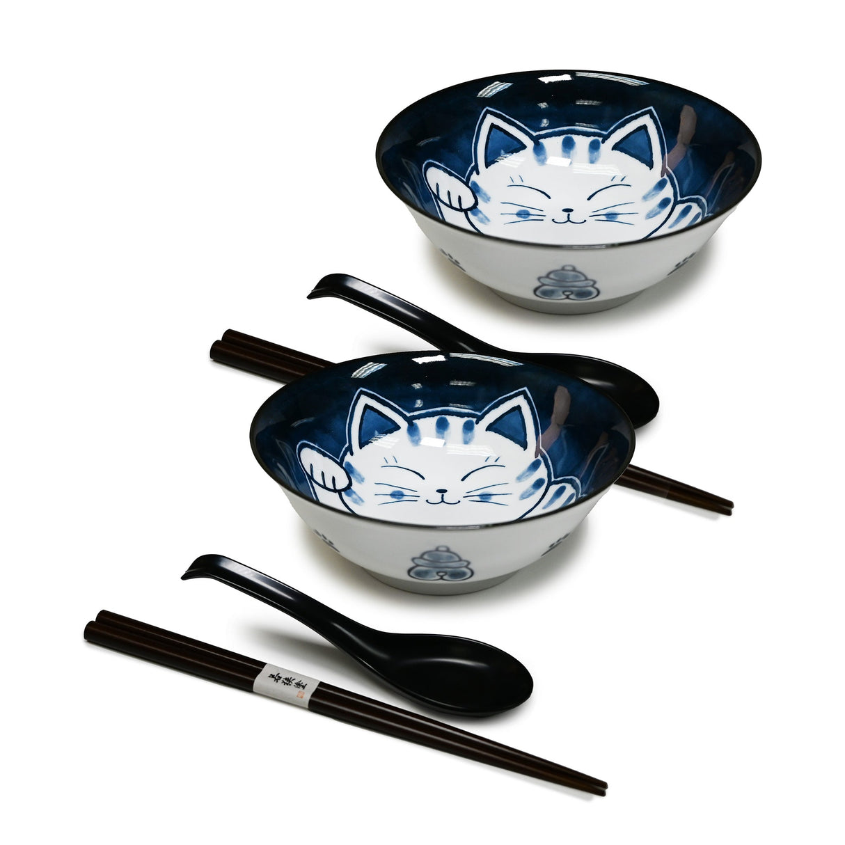 36 oz 7.75" Japanese 2 - Piece Happy Cat Bowl Set with Chopsticks & Spoons