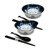 36 oz 7.75" Japanese 2 - Piece Happy Cat Bowl Set with Chopsticks & Spoons