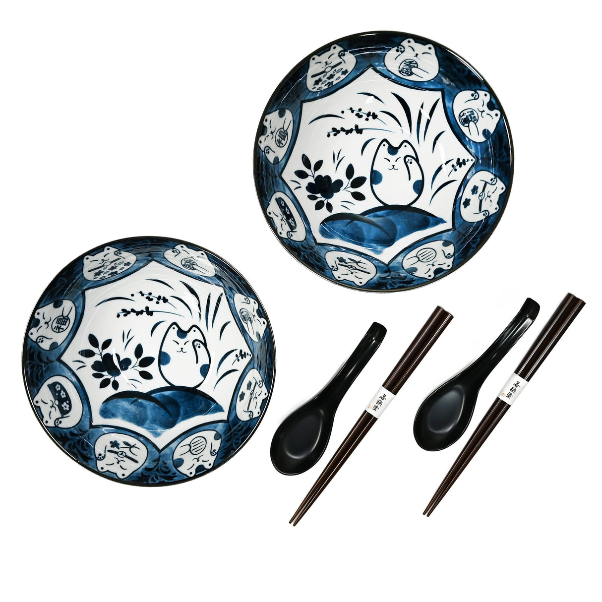 36 oz 7.75" Japanese 2 - Piece Lucky Cat Bowl Set with Chopsticks & Spoons