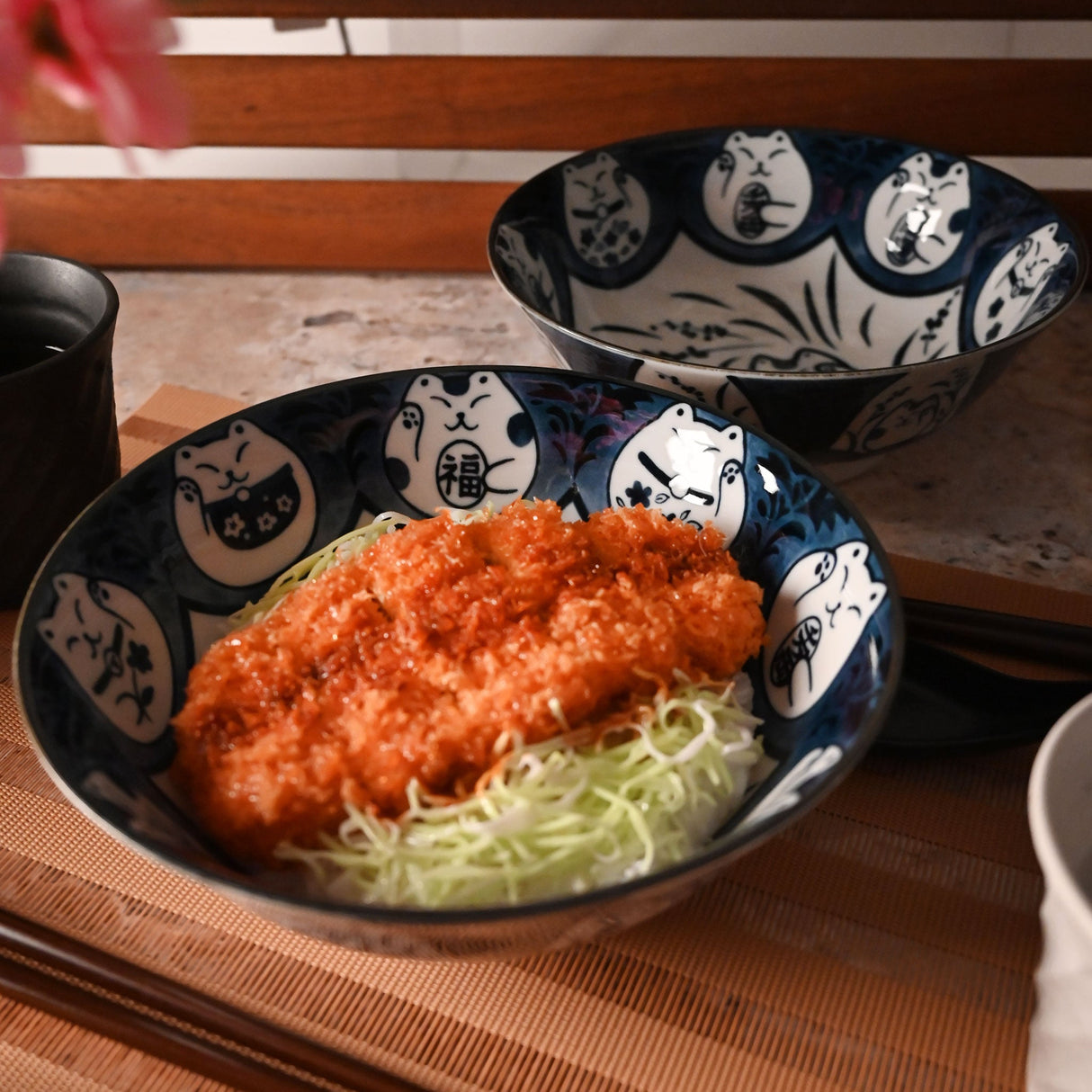 36 oz 7.75" Japanese 2 - Piece Lucky Cat Bowl Set with Chopsticks & Spoons