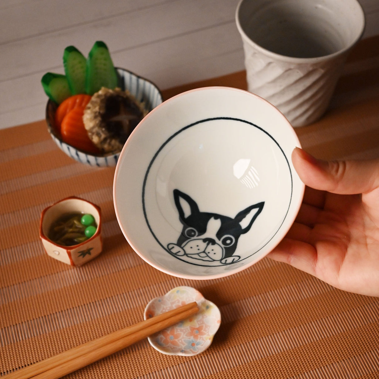 9 oz 4.5" Japanese Ceramic Rice Bowl - Pink French Bulldogs
