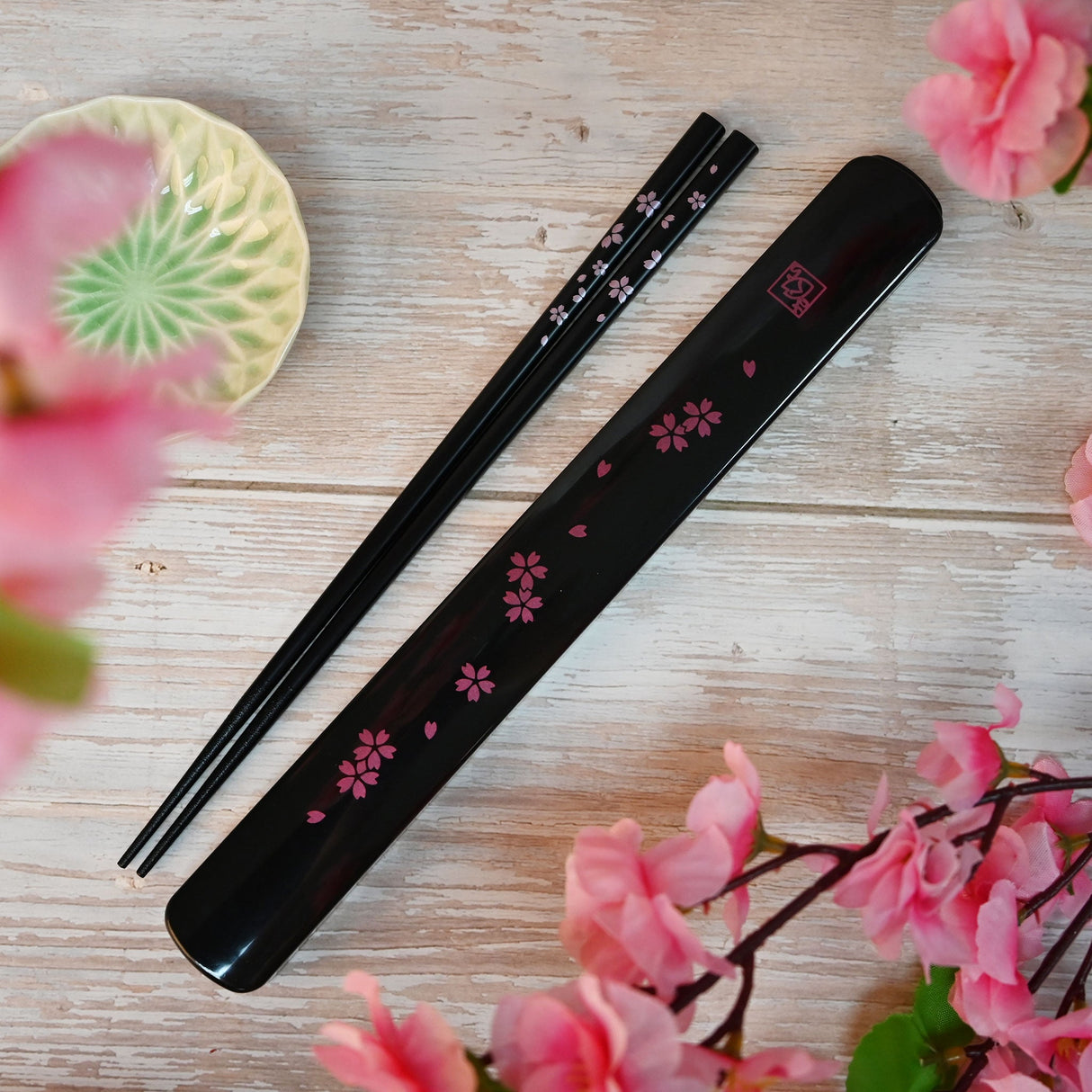 9" Japanese Wooden Chopsticks with Case - Black Sakura