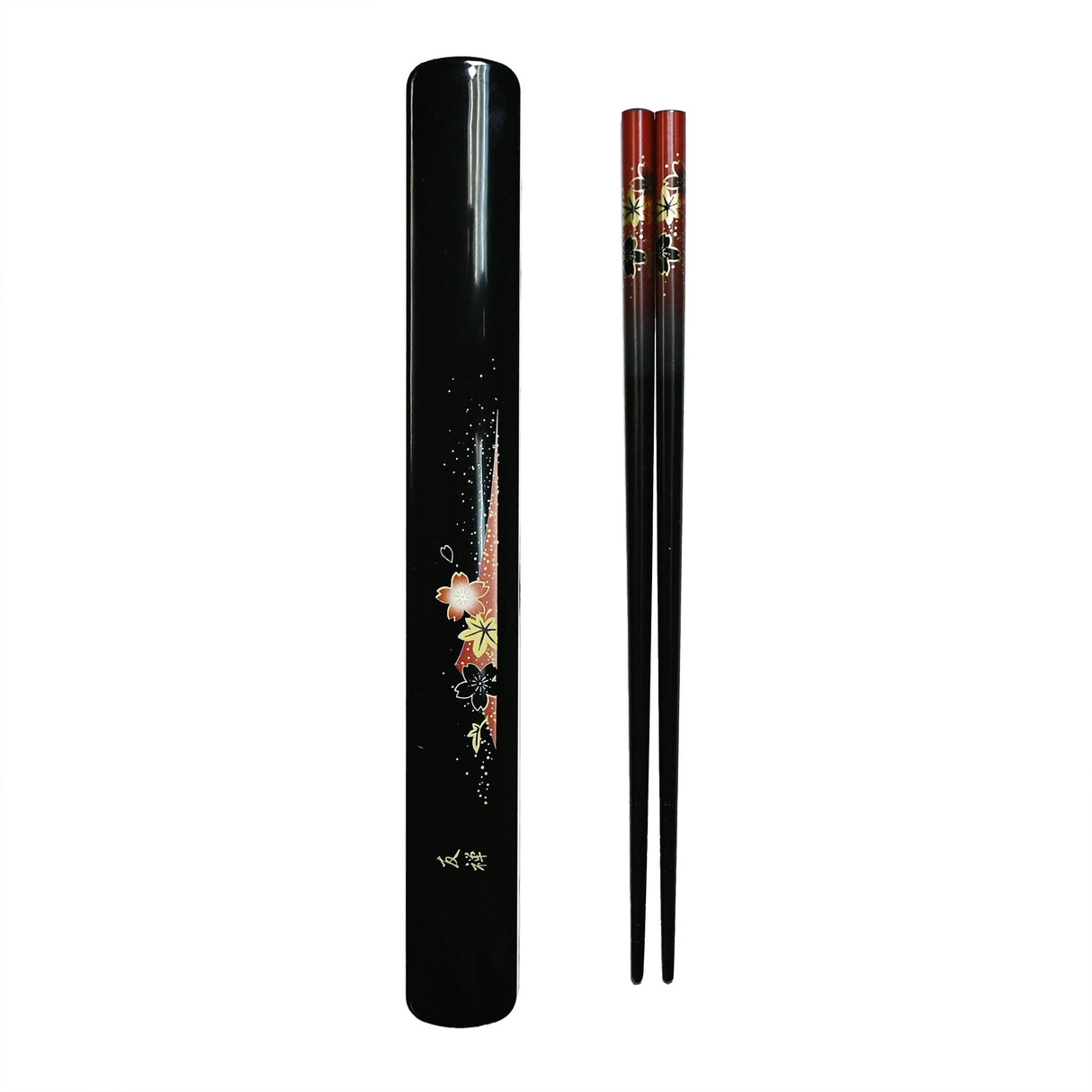9" Japanese Lacquered Bamboo Chopsticks with Case  -  Red Flower